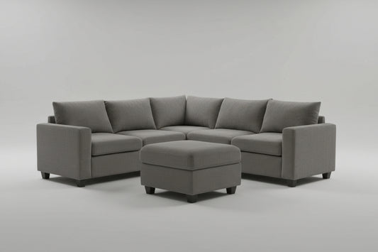 Full view of the 100-Inch Reversible Corduroy Sectional Sofa, showcasing the large size, plush texture, and the versatile ottoman.