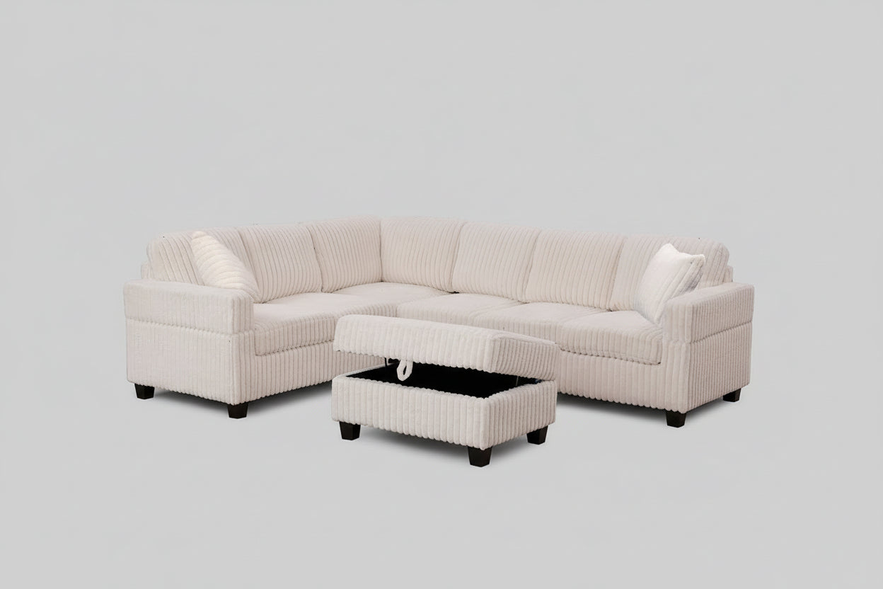 Full view of the Beige 105-Inch Corduroy Sectional Sofa, showcasing the large size, reversible chaise, and the versatile storage ottoman.