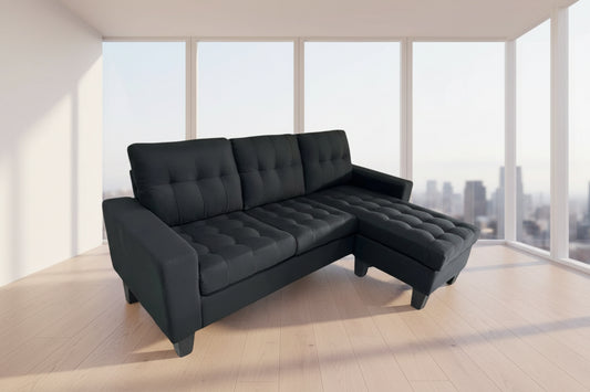 Full view of the Black Linen Fabric Sectional Sofa, showcasing the deep black color, textured linen weave, and the L-shape configuration with reversible chaise.