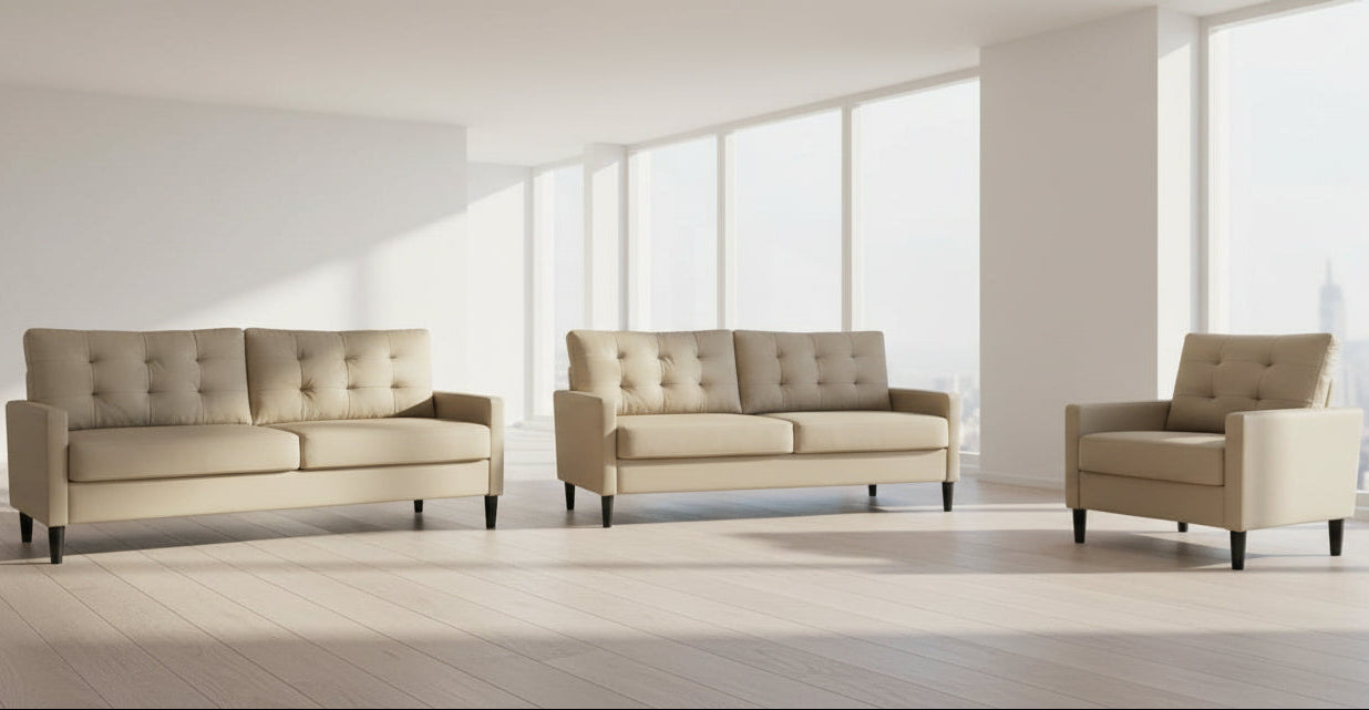 Full view of the 2403 Beige Soft PU Leather 3-Piece Set, showcasing the sofa, loveseat, and chair arranged in a living space.