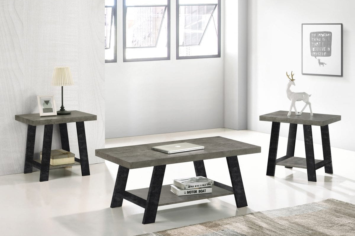 Full view of the 3 Piece Concrete Look Coffee Table Set, showing the coffee table and two end tables, all featuring the textured concrete finish and stylish angled legs.