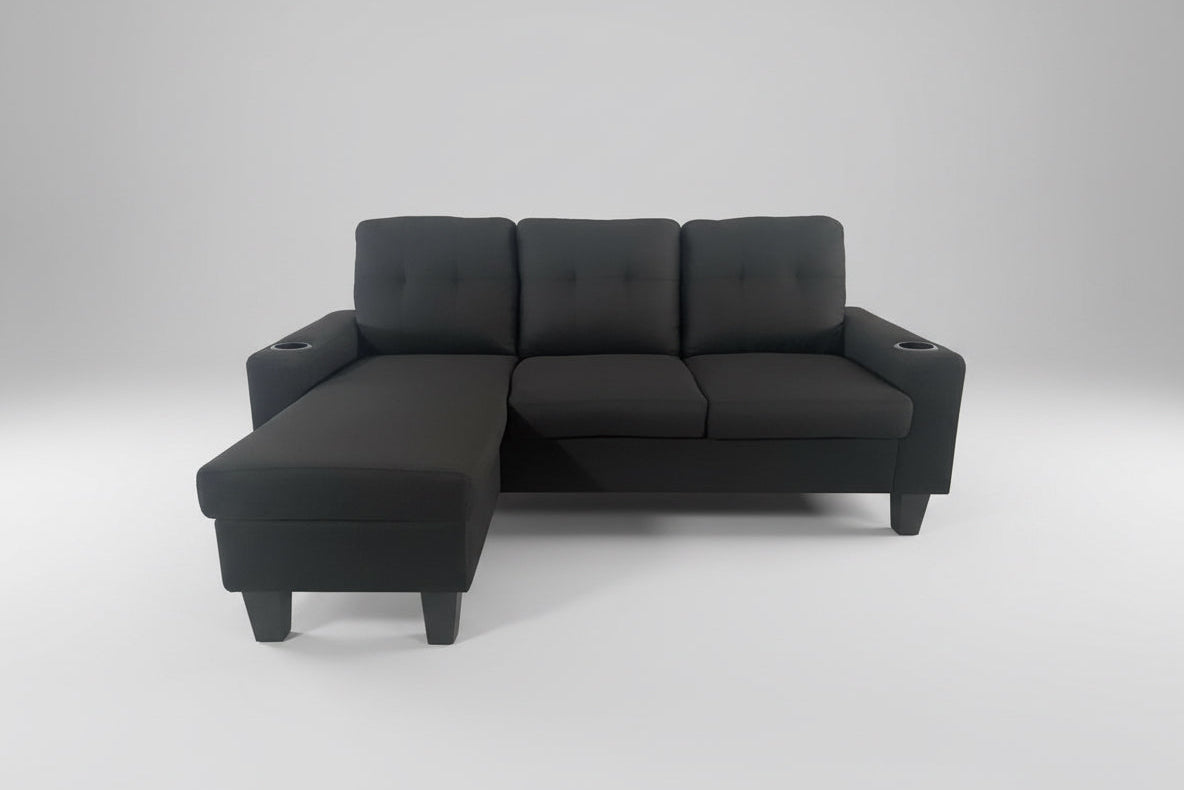 Full view of the 75-Inch Reversible 3-Seater Linen Sectional Sofa, showing the compact L-shape configuration and the center backrest folded down to reveal cupholders.