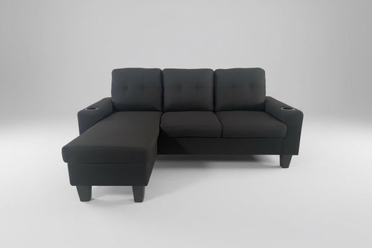 Full view of the 75-Inch Reversible 3-Seater Linen Sectional Sofa, showing the compact L-shape configuration and the center backrest folded down to reveal cupholders.