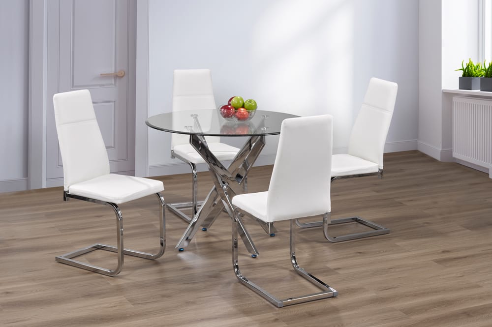 39in Round Tempered Glass Dining Set with Chrome-Leg Chairs