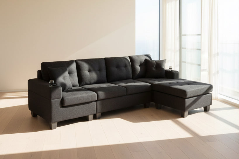 Reversible 4-Seater Fabric Sectional Sofa with Chaise and Cupholders