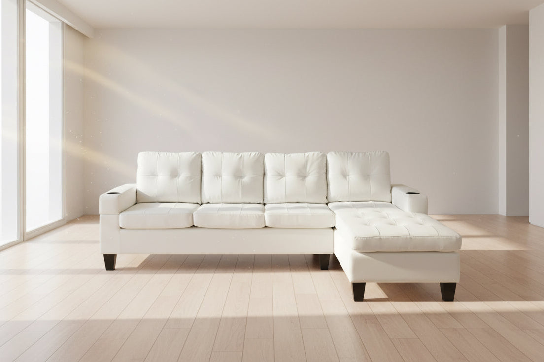 Full view of the 4-Seater Gel Leather Sectional Sofa, showcasing the large L-shape design and the elegant, detailed tufted seat cushions.