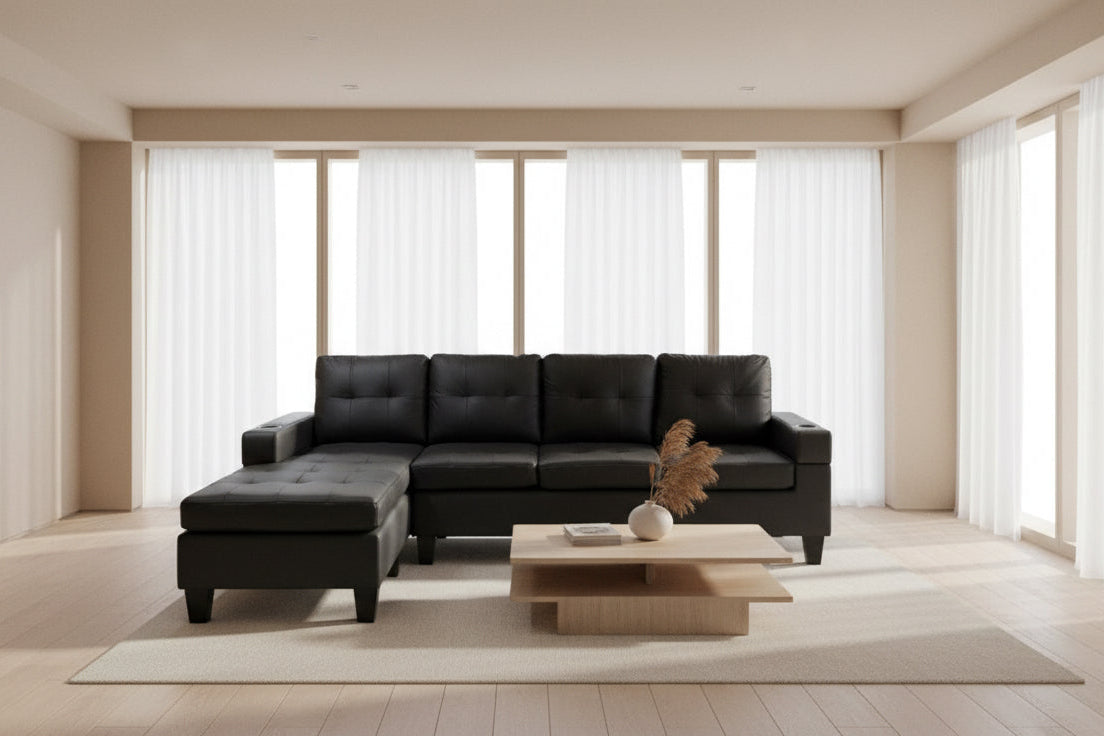 Full view of the 4-Seater PU Leather Sectional Sofa, showcasing the large L-shape design and the elegant tufted seat cushions.