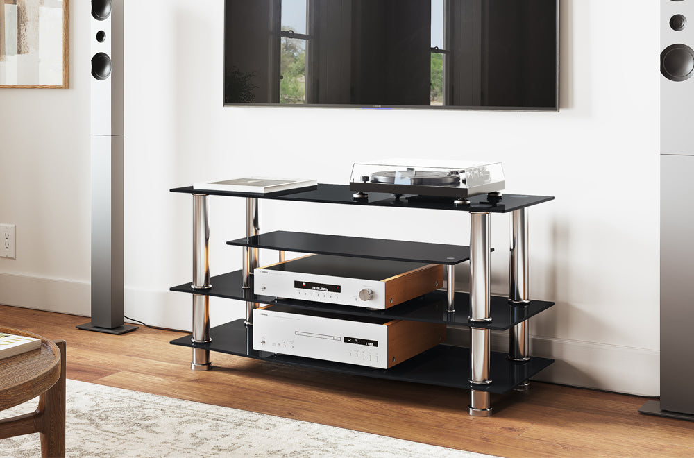 Full view of the compact 41-inch Black Glass TV Stand, showcasing the tiered black glass shelves and the reflective chrome support legs.
