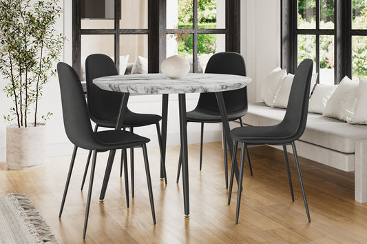 Full view of the 5-Piece Round Faux Marble Dining Set, showcasing the white marble-look table top and four velvet upholstered chairs in a modern dining area.