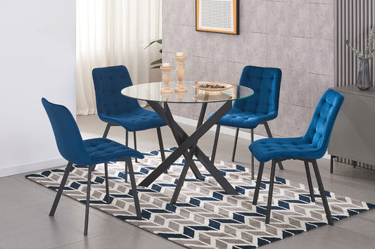 Full view of the 5-Piece Round Tempered Glass Dining Set, showcasing the clear glass table top, modern base, and four elegant velvet upholstered dining chairs.