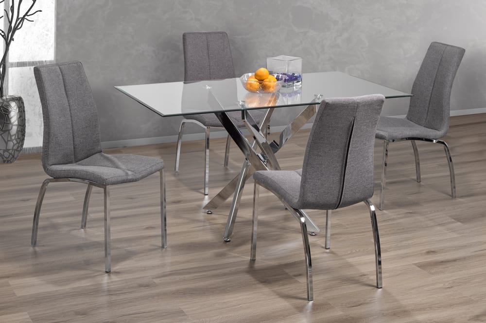 Full view of the 5-Piece Tempered Glass Dining Set, showcasing the clear glass table top, reflective chrome legs, and four grey upholstered dining chairs.