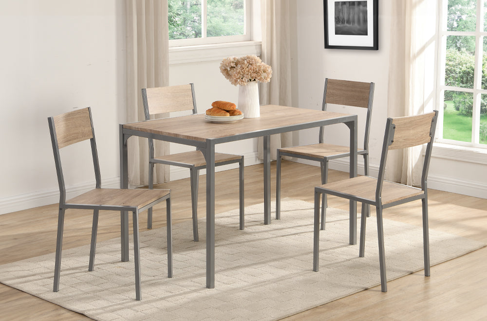 Full view of the Compact 5-Piece Dining Set, showcasing the table with an Oak finish top and four chairs with industrial Gunmetal metal legs.