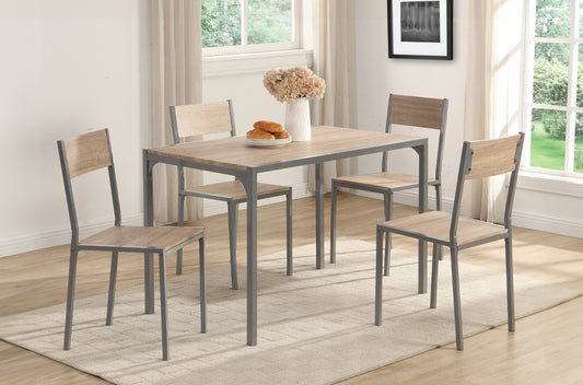 Full view of the Compact 5-Piece Dining Set, showcasing the table with an Oak finish top and four chairs with industrial Gunmetal metal legs.
