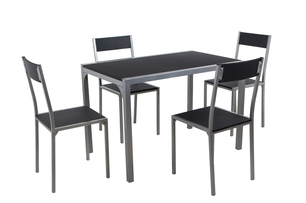 Full view of the 5-Piece Space-Saving Dining Set, showing the black table and chairs with gunmetal metal legs, with the chairs neatly tucked underneath.