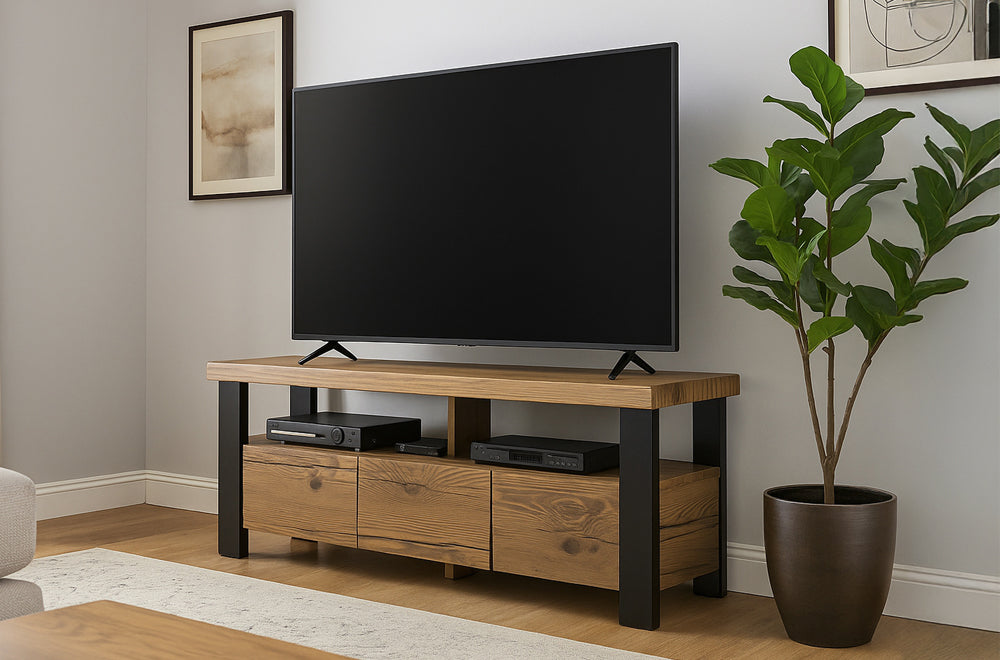 Full view of the 60-inch Distressed Wood TV Stand, showcasing the textured wood finish, three functional storage drawers, and the dark espresso-finished legs.