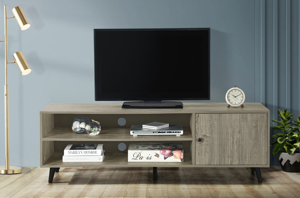 Full view of the 60-inch Grey MDF TV Stand, highlighting the modern finish and the combination of closed cupboard storage and open shelving compartments.