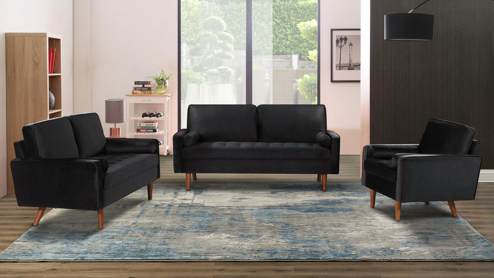 Full view of the 7020 Black Velvet Fabric 3-Piece Set, showcasing the rich texture of the sofa, loveseat, and chair in a coordinated arrangement.
