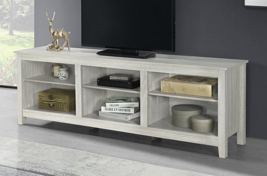 Full view of the 70-inch Beachwood White MDF TV Stand, showcasing its long profile, light wood finish, and various ample storage compartments.