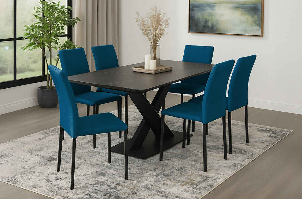 72in Sintered Stone Dining Table with Linen Chairs (Blue/Grey)