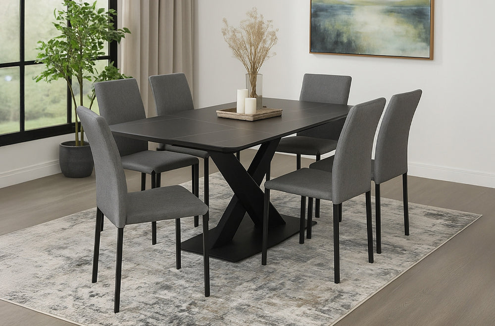 Full view of the 72-inch Sintered Stone Dining Table with its white or marble-look top and six chairs upholstered in blue/grey linen fabric.