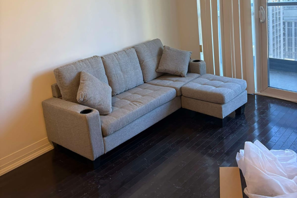 Full view of the 73 Inch Reversible 3-Seater Sectional Sofa in Grey Linen fabric, showing the compact L-shape configuration, ideal for small apartments.