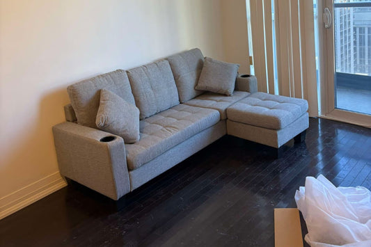 Full view of the 73 Inch Reversible 3-Seater Sectional Sofa in Grey Linen fabric, showing the compact L-shape configuration, ideal for small apartments.