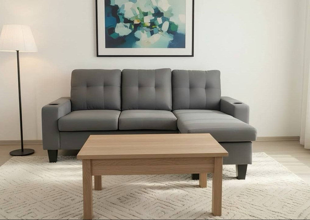 Full view of the 75-Inch Reversible 3-Seater Sectional Sofa in Linen-Style fabric, showing the L-shape configuration and the center backrest folded down to reveal cupholders.