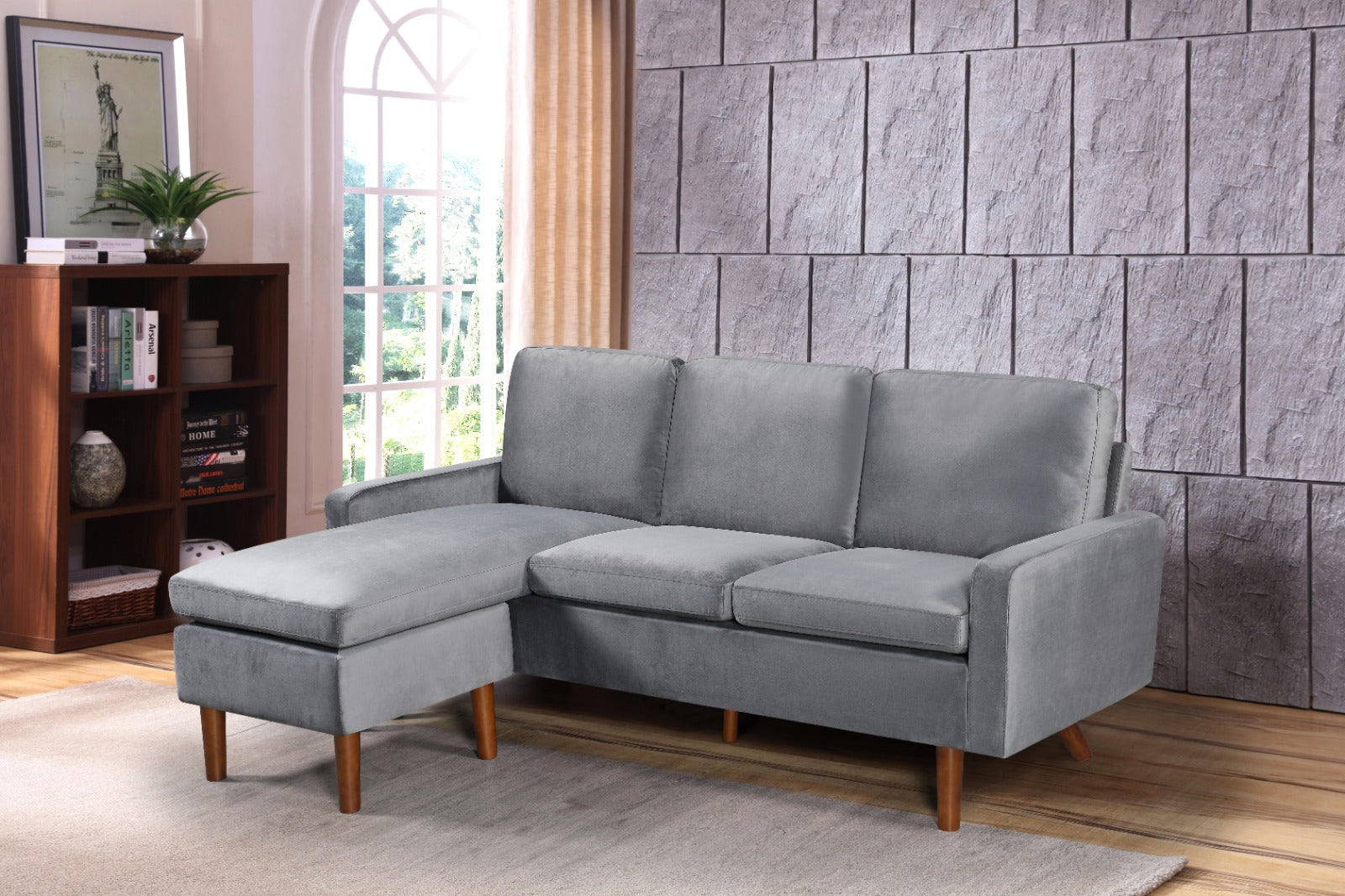 Full view of the 76-Inch Reversible Velvet Fabric Sectional Sofa, showcasing the rich texture and the compact L-shape configuration with chaise.