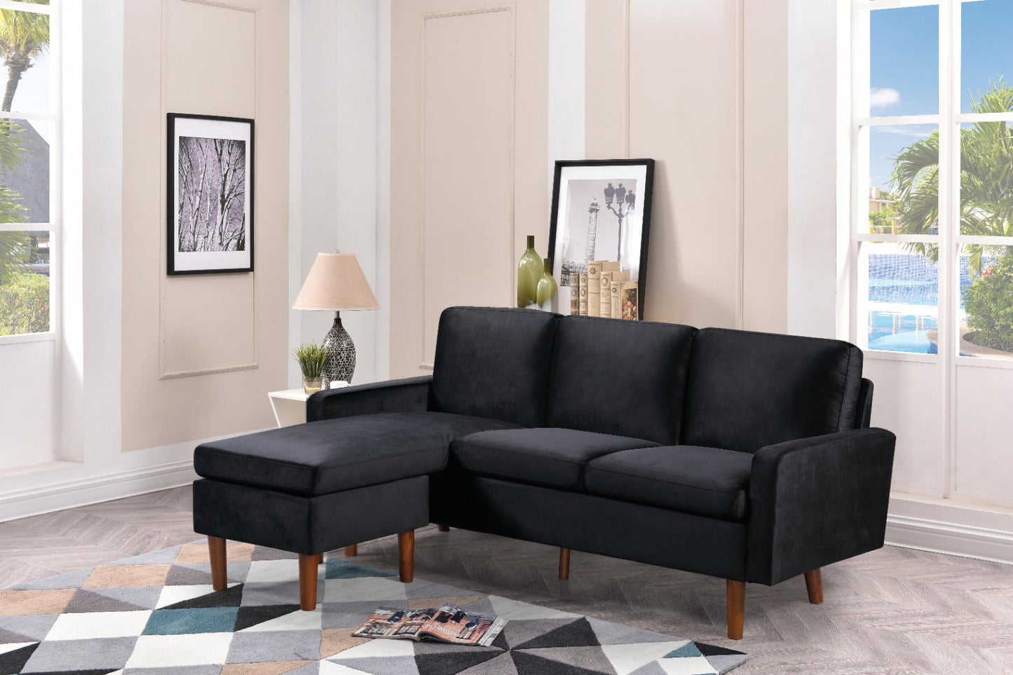Full view of the 76-Inch Velvet Reversible Sectional Sofa, showcasing the rich velvet fabric and the extra-long, deep chaise lounge configuration.