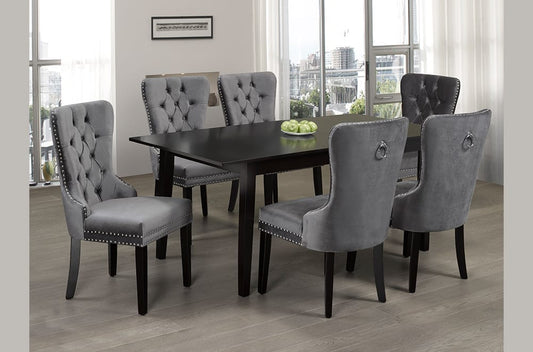 Full view of the 7-Piece Expandable Dining Set, featuring the Rich Espresso table and 6 chairs upholstered in elegant velvet fabric.