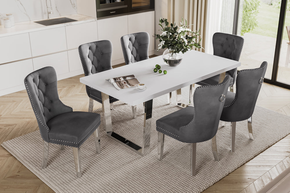 Full view of the 7-Piece High-Gloss White Dining Set, showcasing the reflective table, chrome legs, and six upholstered velvet dining chairs.