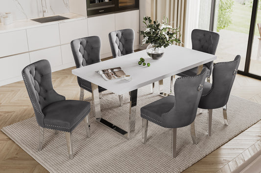 Full view of the 7-Piece High-Gloss White Dining Set, showcasing the reflective table, chrome legs, and six upholstered velvet dining chairs.