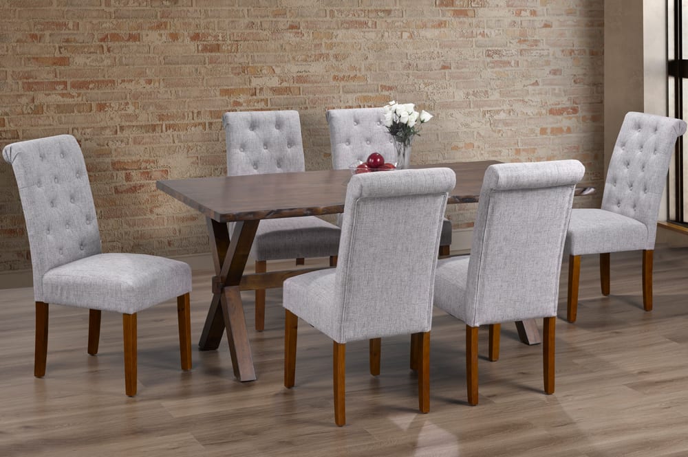 Full view of the 7-Piece Live Edge High-Gloss Dining Set, showcasing the sleek, reflective table top and six tufted upholstered dining chairs.