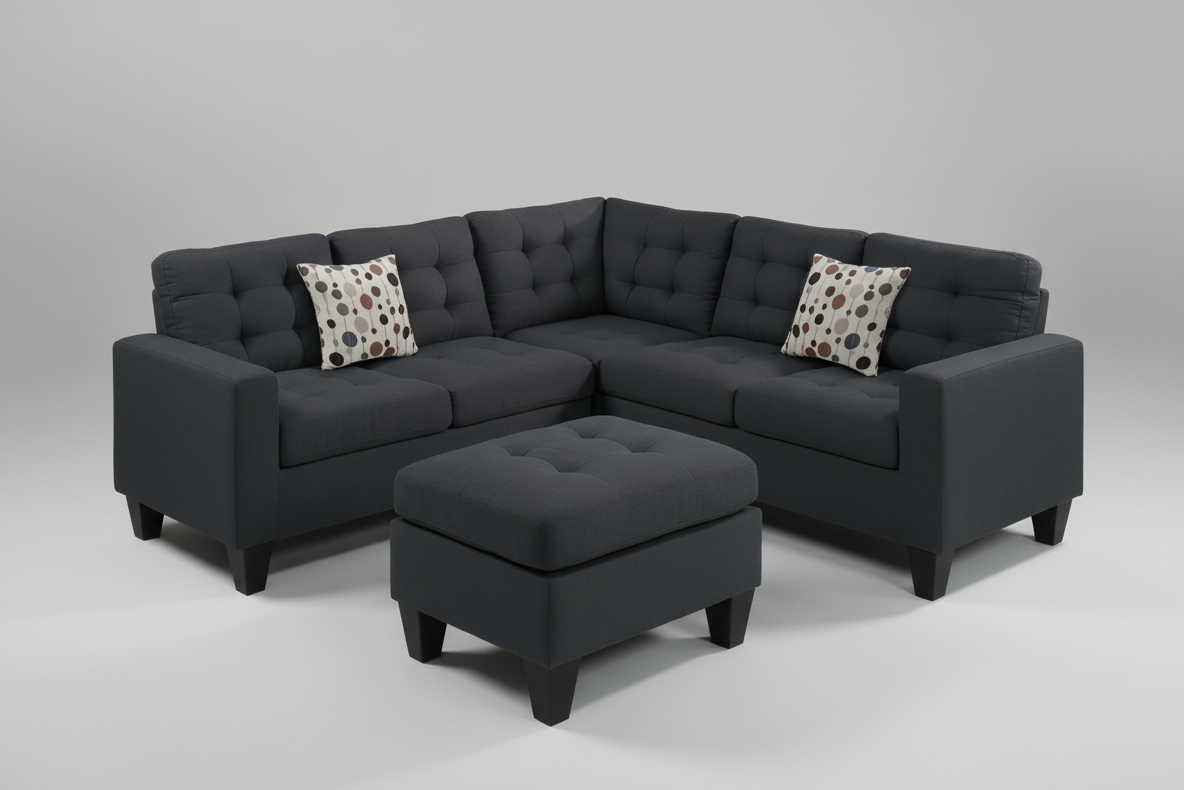 Full view of the 84-Inch Fabric Reversible Sectional Sofa, showcasing its compact size, L-shape configuration, and the matching storage ottoman.