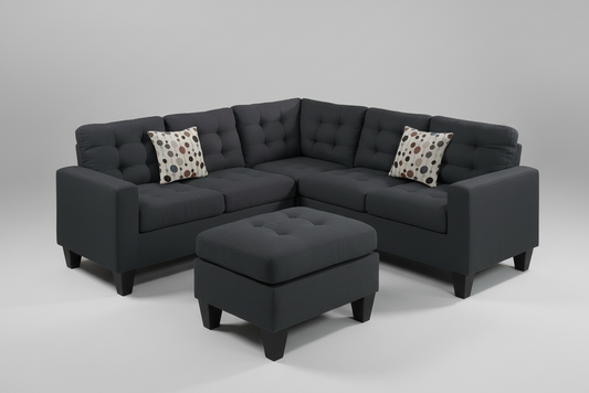 Full view of the 84-Inch Fabric Reversible Sectional Sofa, showcasing its compact size, L-shape configuration, and the matching storage ottoman.
