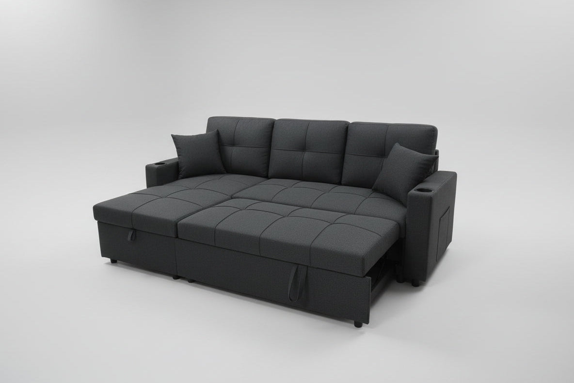Full view of the 85-inch Fabric Reversible Sectional Sofa, showcasing the compact size, reversible configuration, and pull-out sleeper function.