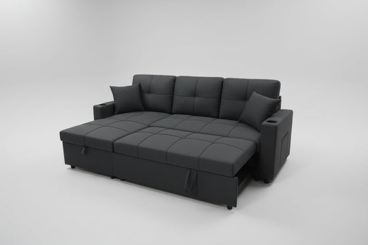 Full view of the 85-inch Fabric Reversible Sectional Sofa, showcasing the compact size, reversible configuration, and pull-out sleeper function.