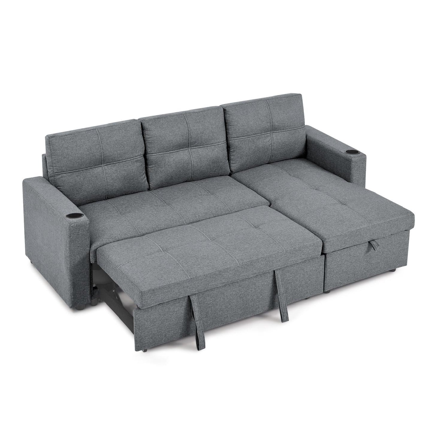 View of the 85-inch Grey Fabric Sectional Sofa in the closed, seating position, emphasizing the cushions and the flexibility of the reversible chaise.