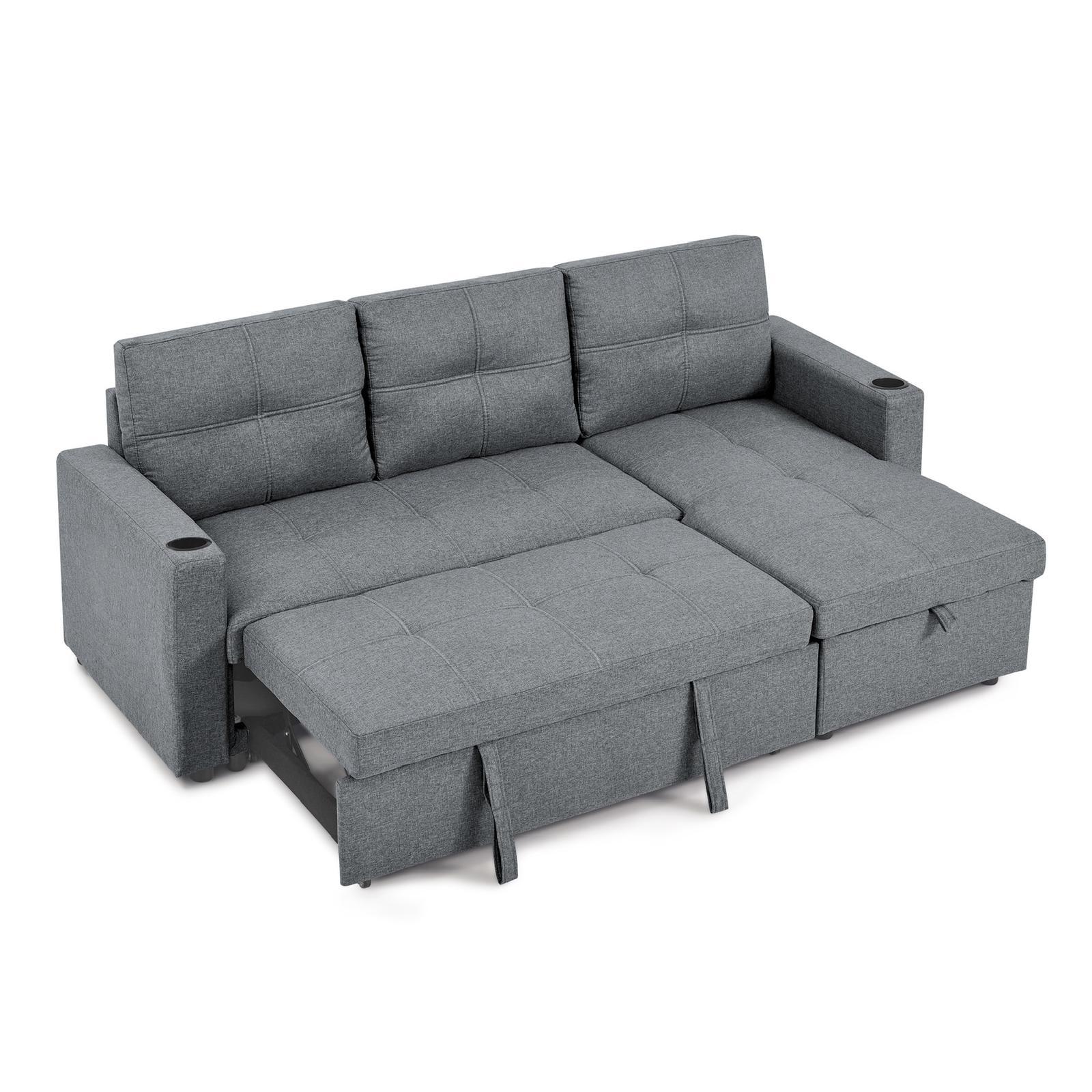 View of the 85-inch Grey Fabric Sectional Sofa in the closed, seating position, emphasizing the cushions and the flexibility of the reversible chaise.