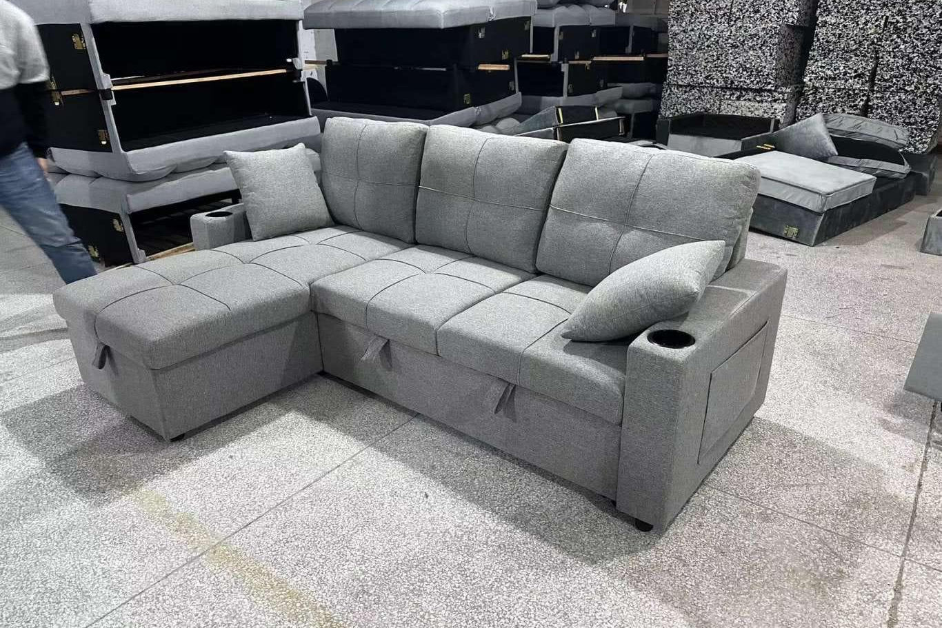 85-inch Reversible Grey Fabric Sectional Sofa with Pull-Out Bed