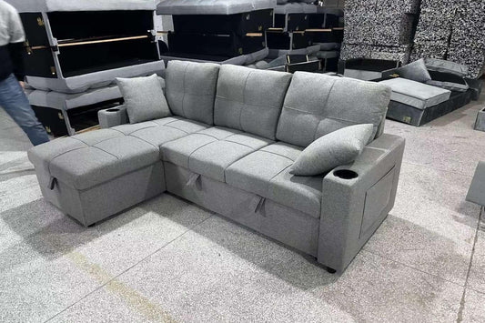 85-inch Reversible Grey Fabric Sectional Sofa with Pull-Out Bed