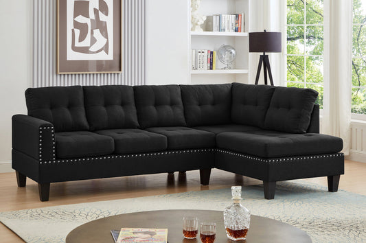 Full view of the large 99-Inch Black Fabric Sectional Sofa, showcasing the deep black color and the fixed Right-Hand Chaise (RHF) configuration.