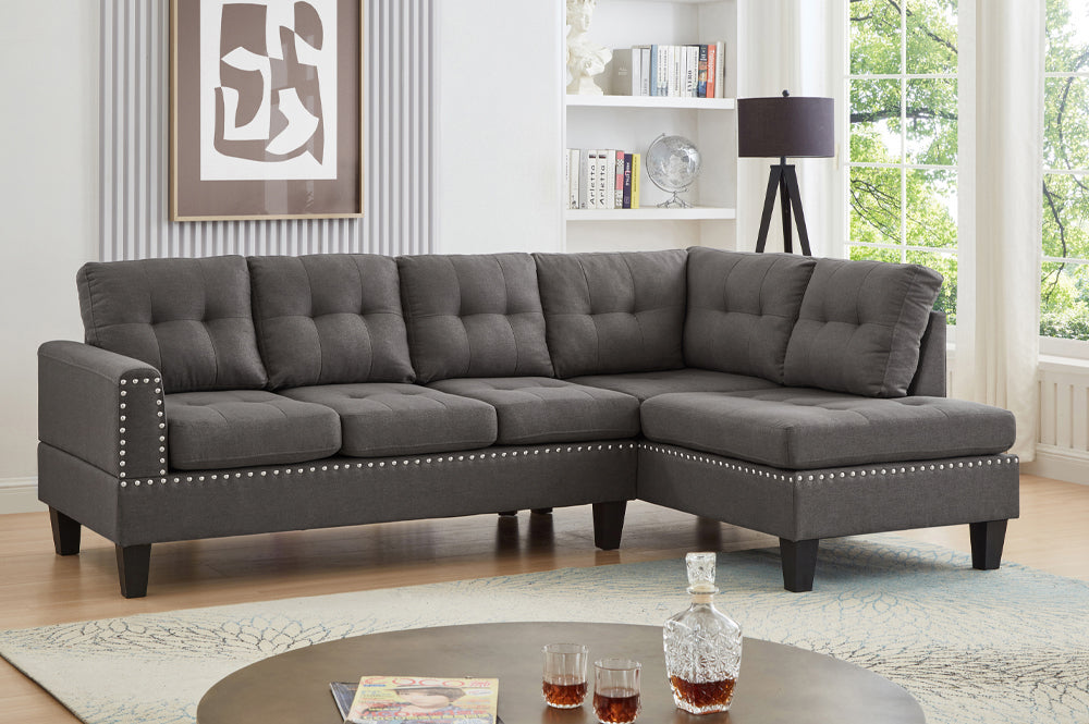 Full view of the 99-Inch Grey Upholstered Sectional Sofa, showcasing the large size and the fixed Right-Hand Chaise (RHF) configuration.