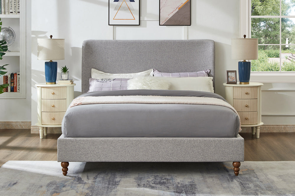 Modern Grey Linen Platform Bed front view – low profile, sturdy frame