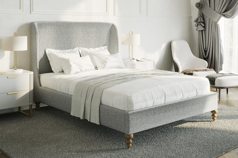 Side view of Modern Grey Linen Platform Bed with subtle sloping wings