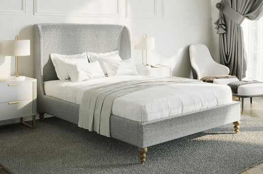 Side view of Modern Grey Linen Platform Bed with subtle sloping wings