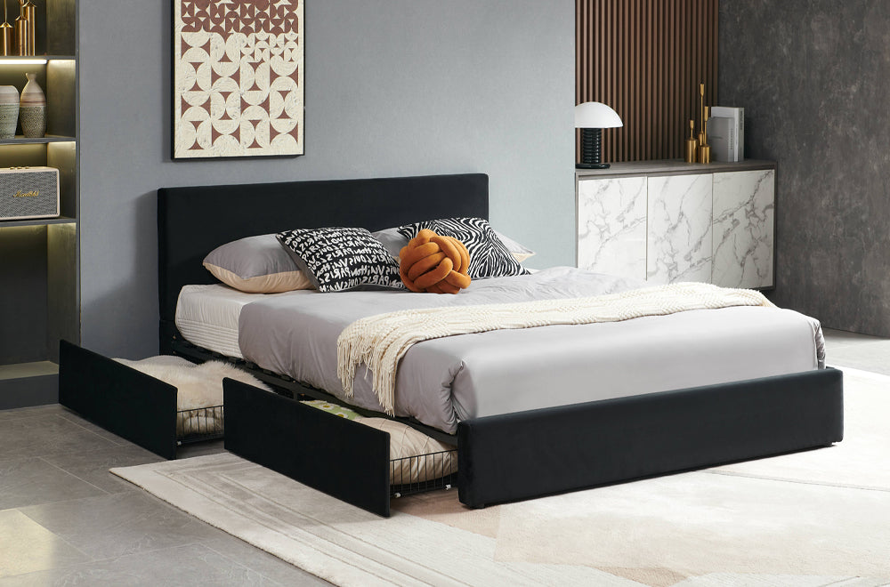 Velvet Upholstered Platform Bed with Storage Drawers and Sturdy Wood Frame