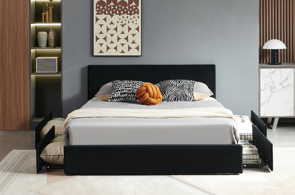 Velvet Upholstered Platform Bed with Storage Drawers and Sturdy Wood Frame