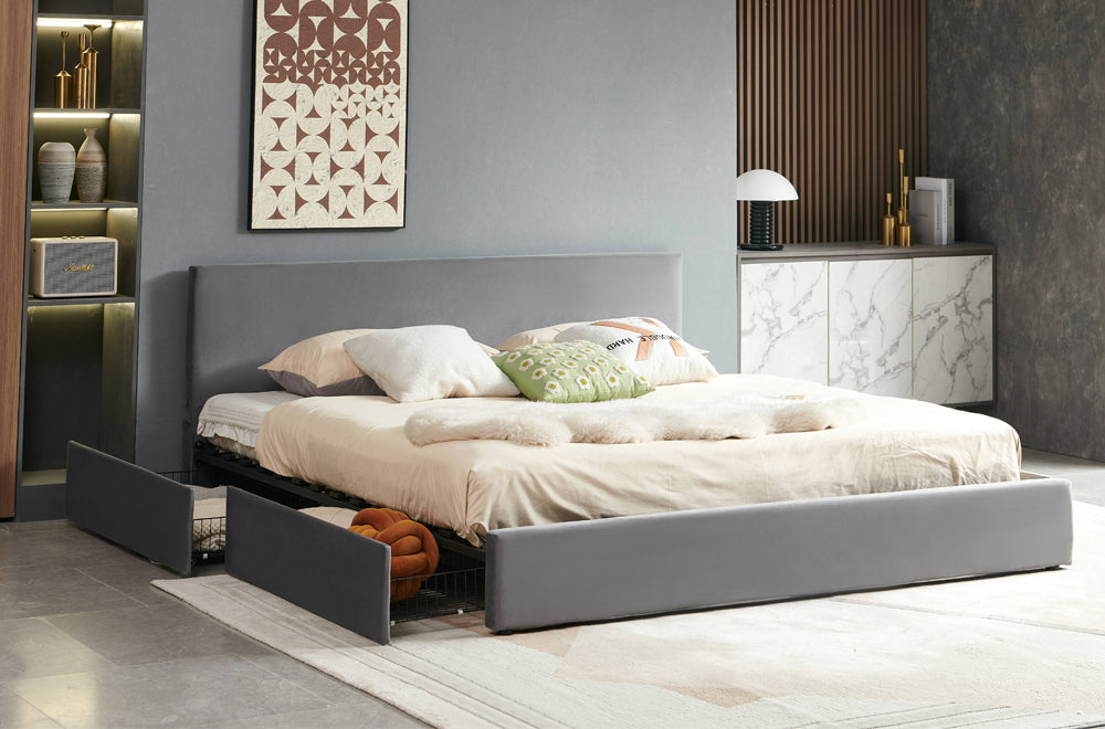 Velvet Upholstered Platform Bed with Storage Drawers and Sturdy Wood Frame