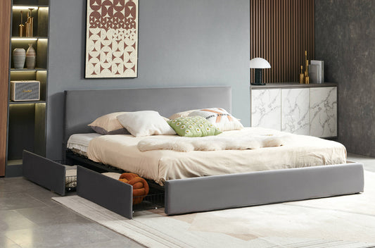 Velvet Upholstered Platform Bed with Storage Drawers and Sturdy Wood Frame